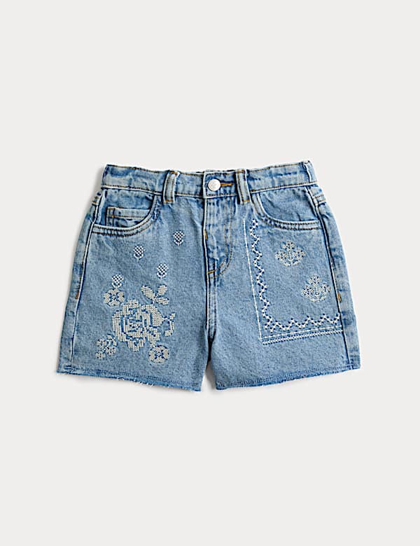 Pure Cotton Denim Embroidered Shorts (2-10 Yrs)