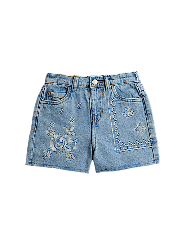 Pure Cotton Denim Embroidered Shorts (2-10 Yrs)