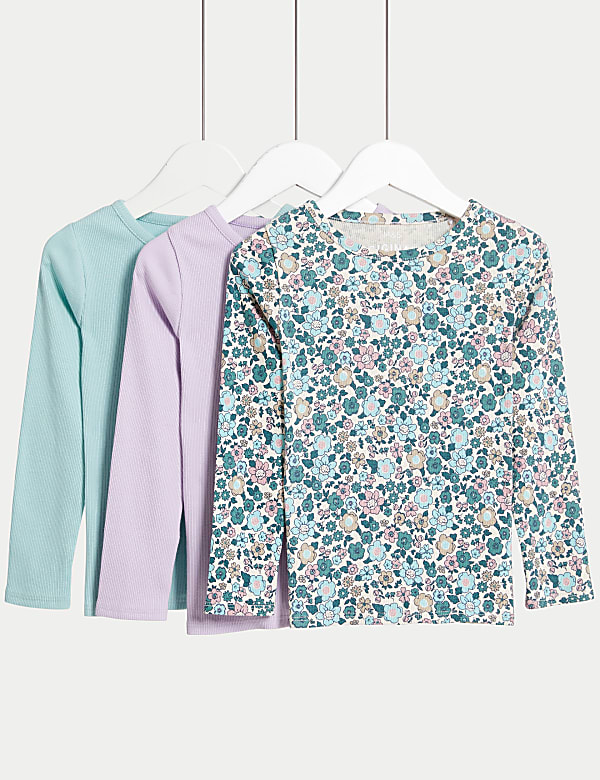 3pk Cotton Rich Floral Ribbed Tops (2-8 Yrs) - GR