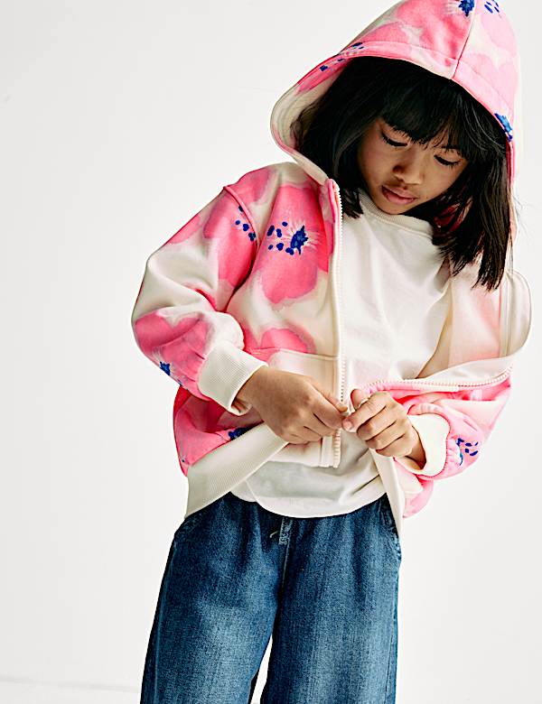Katoenrijke hoodie met rits en hibiscusprint (2-8 jaar) - NL