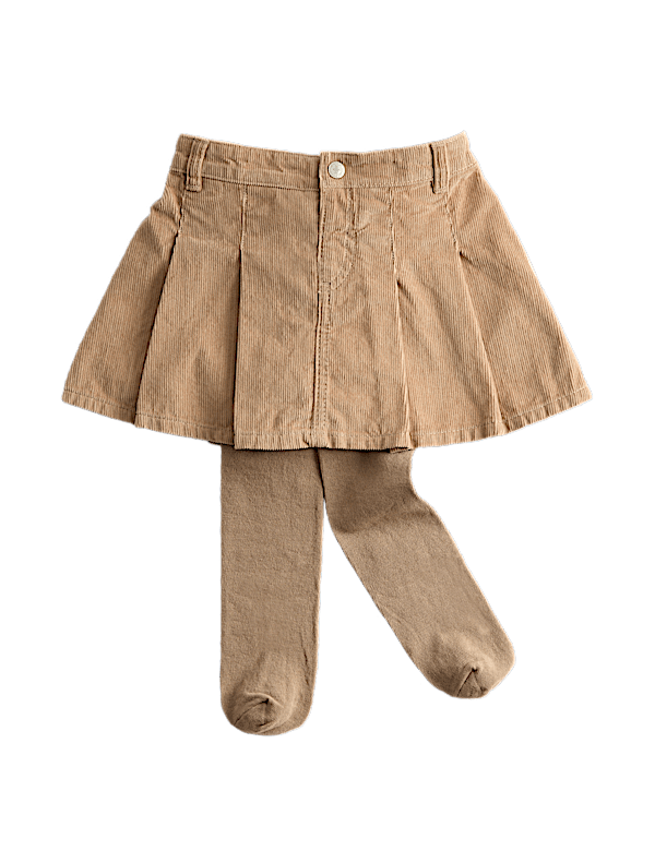 Cord Pleated Skirt With Tights (2-8 Yrs)