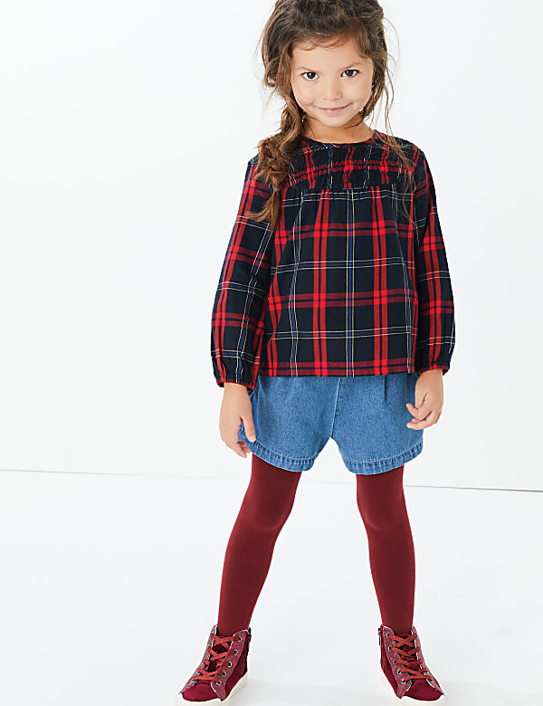 3 Piece Checked Top & Shorts with Tights Outfit
