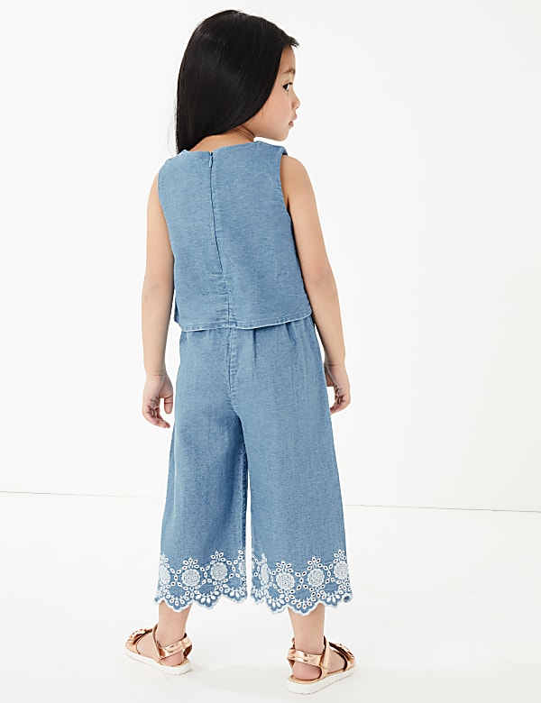 Pure Cotton Chambray Broderie Jumpsuit (2-7 Yrs)