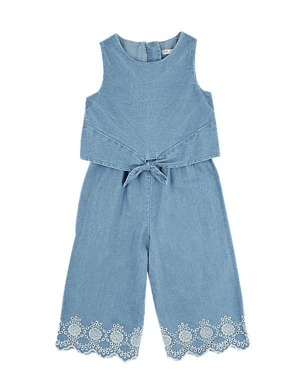 Pure Cotton Chambray Broderie Jumpsuit (2-7 Yrs)