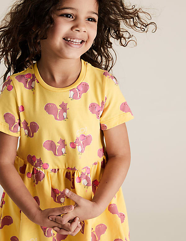 Pure Cotton Squirrel Print Dress (2-7 Yrs)
