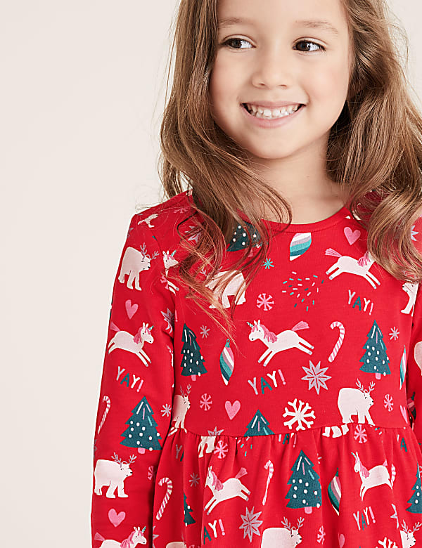 Pure Cotton Christmas Print Dress (2-7 Yrs)