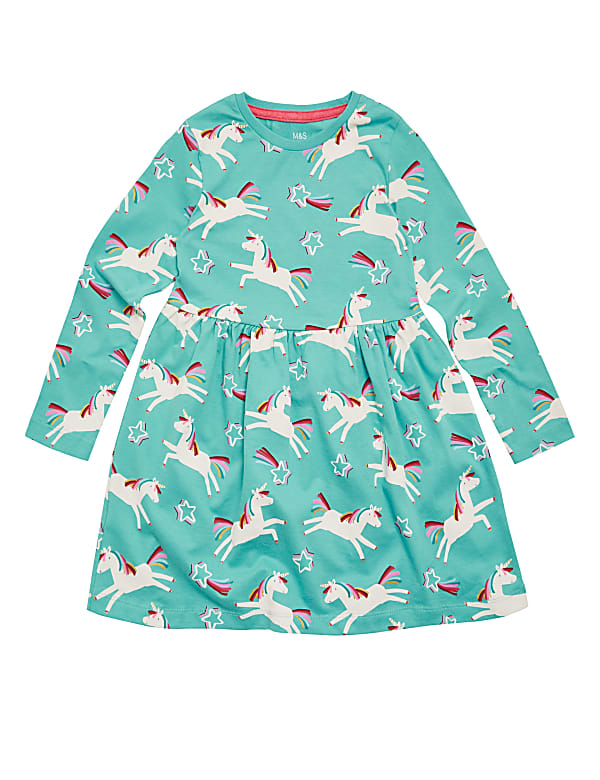 Pure Cotton Unicorn Star Print Dress (2-7 Yrs)