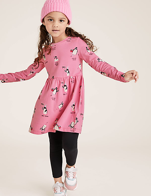 Pure Cotton Penguin Print Dress (2-7 Yrs)