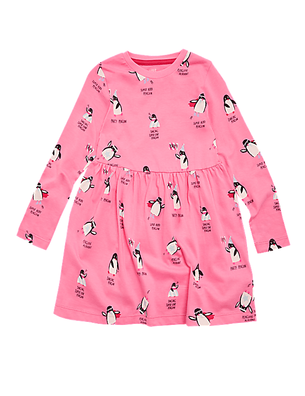 Pure Cotton Penguin Print Dress (2-7 Yrs)