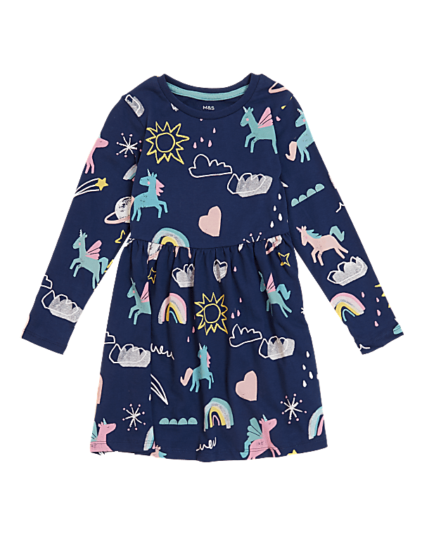 Pure Cotton Unicorn Print Dress (2-7 Yrs)