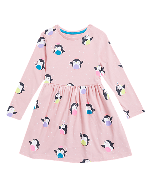 Pure Cotton Penguin Print Dress (2-7 Yrs)