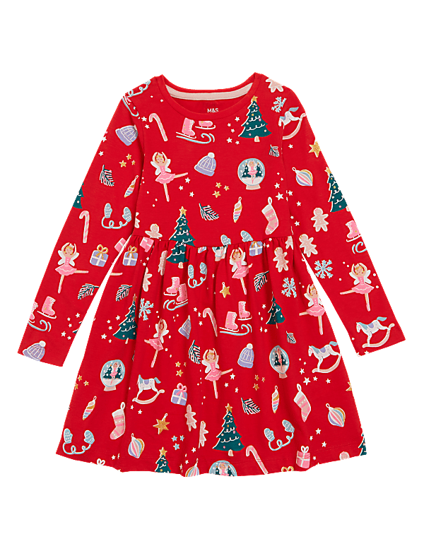 Pure Cotton Christmas Print Dress (2-7 Yrs)