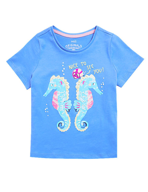 Pure Cotton Sea Horse Sequin T-Shirt (2-7 Yrs)