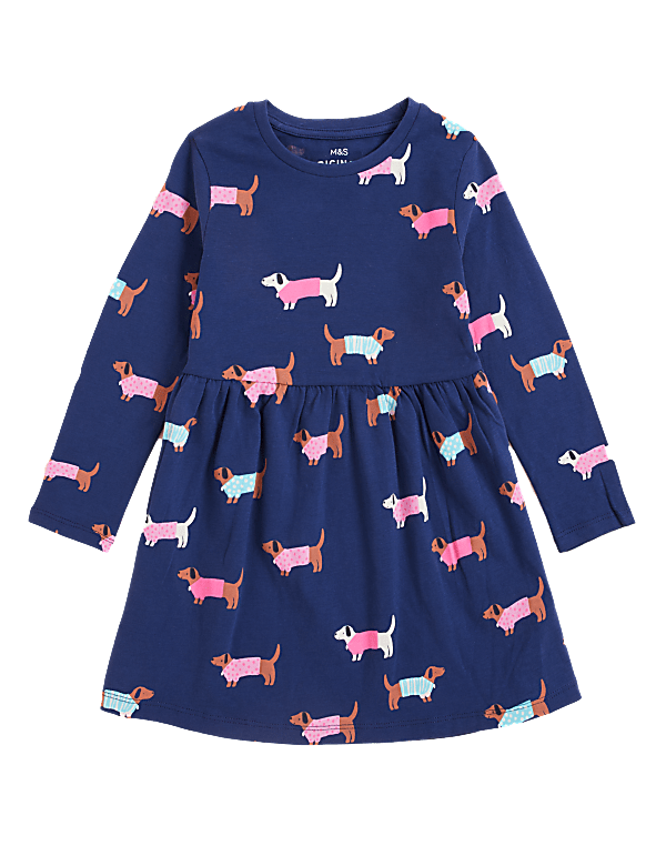 Pure Cotton Sausage Dog Print Dress (2-7 Yrs)
