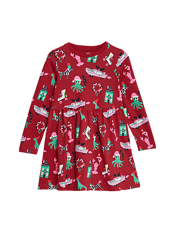 Pure Cotton Christmas Print Dress (2-8 Yrs)
