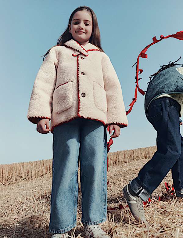 סט 2 חלקים של מעיל וצעיף צמריריים עם תיפורים בקצוות (2‏-10 שנים) - IL