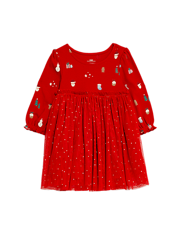 Jersey and Tulle Christmas Print Dress (0-8 Yrs)