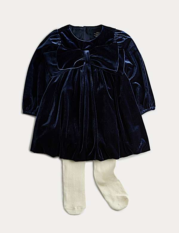 Ensemble 2 pièces robe en velours avec nœud et collants (jusqu’au 6 ans) - CA