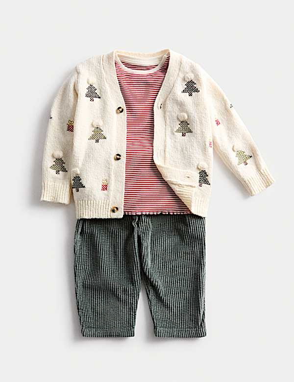 3pc Cotton Blend Christmas Cardigan Outfit (0-3 Yrs) - CH