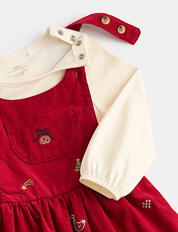 3pc Cotton Rich Embroidered Pinafore Dress - UA