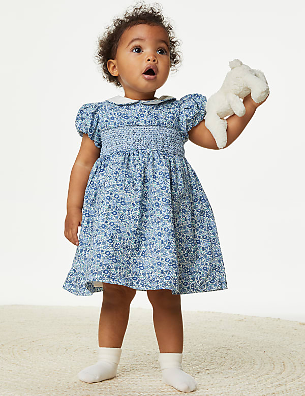 Pure Cotton Ditsy Floral Dress 0 3 Yrs BLUE MIX Dresses M S RS