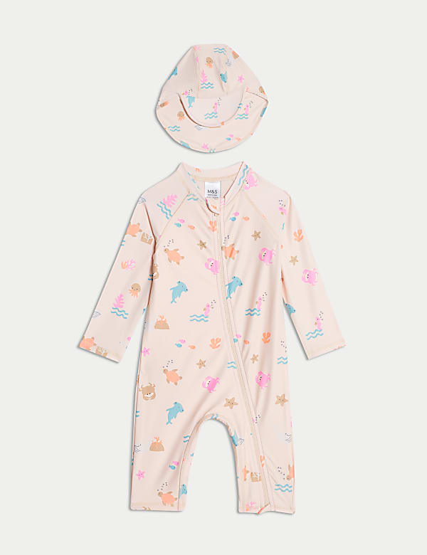 2pc Sealife Zip All In One Swimsuit & Hat (0-3 Yrs) - PL