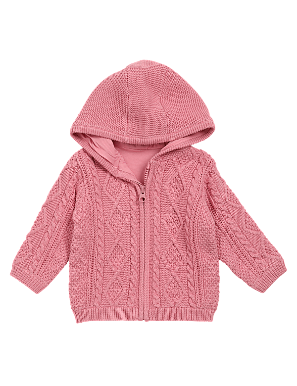 Pure Cotton Hooded Cable Knit Cardigan (0-3 Yrs)