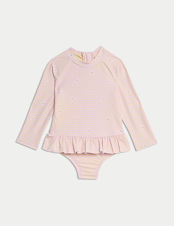 Gingham Floral Frill Long Sleeve Swimsuit (0-3 Yrs) - SI