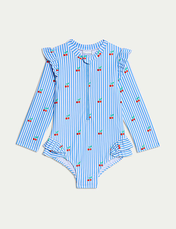 Maillot de bain à manches longues, avec motif cerise, rayures et volants (jusqu’au 3 ans) - CH
