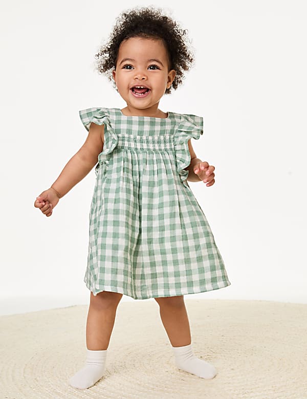 Buy Pure Cotton Gingham Frill Dress 0 3 Yrs at Marks Spencer