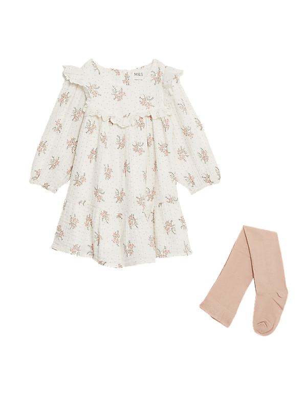 Pure Cotton Floral Dress with Tights (0-3 Yrs)