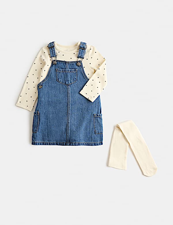 3 Piece Cotton Denim Pinny Outfit with Tights (0-3 Yrs) | DENIM | Dresses