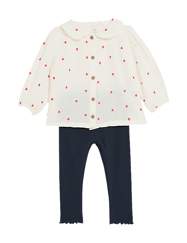 2pc Cotton Rich Heart Embroidered Outfit (0-3 Yrs)