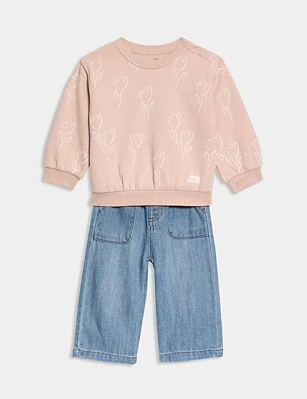 2-delige katoenrijke jeans outfit met tulpenprint (0-8 jaar) - BE