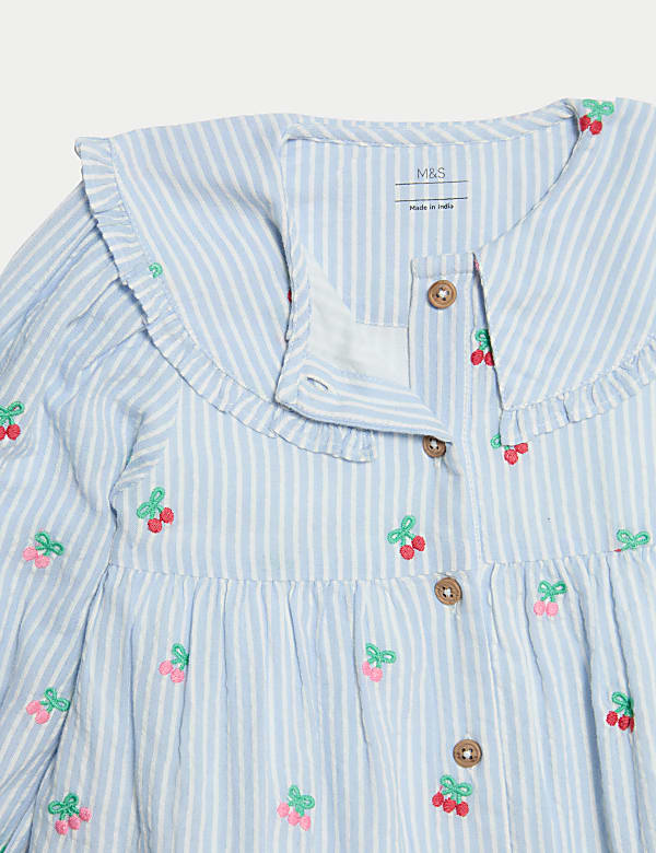 Pure Cotton Striped Cherry Embroidery Dress (0-6 Yrs)