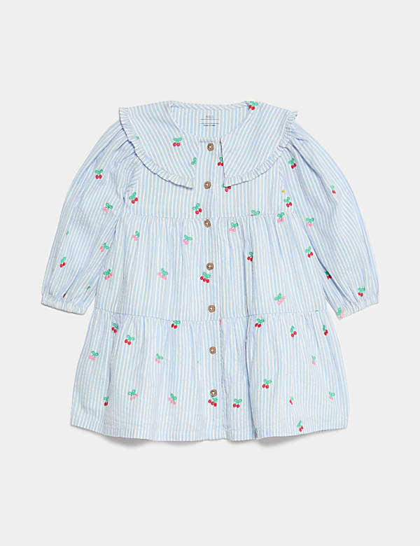 Pure Cotton Striped Cherry Embroidery Dress (0-6 Yrs)