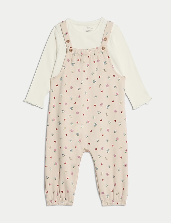 2pc Cotton Rich Jersey Ditsy Dungarees Outfit (0-3 Yrs) - FR