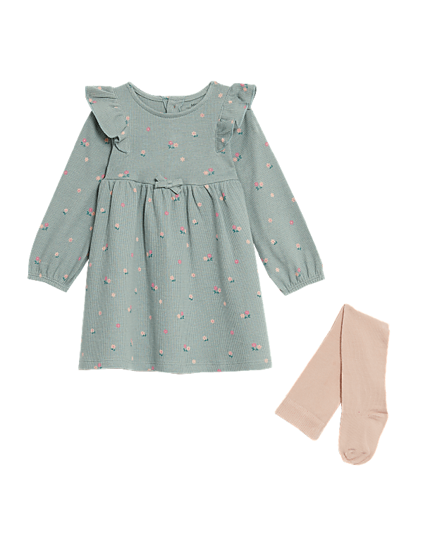 Cotton Rich Floral Dress with Tights (0-3 Yrs)