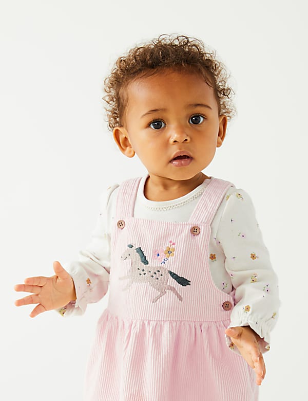 3pc Cotton Rich Embroidered Pinafore Outfit (0-3 Yrs)
