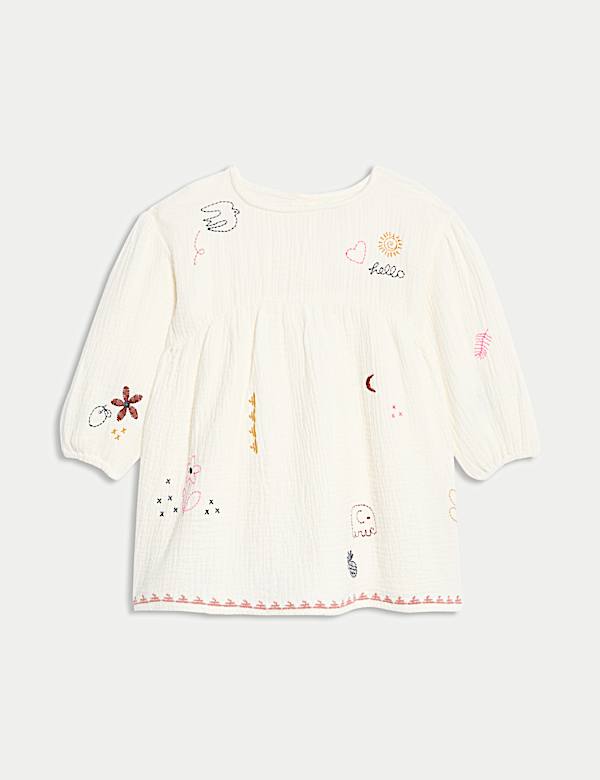 Pure Cotton Embroidered Puff Sleeve Dress (0-6 Yrs)