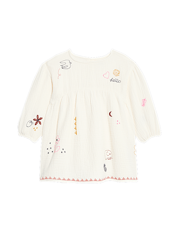 Pure Cotton Embroidered Puff Sleeve Dress (0-6 Yrs)