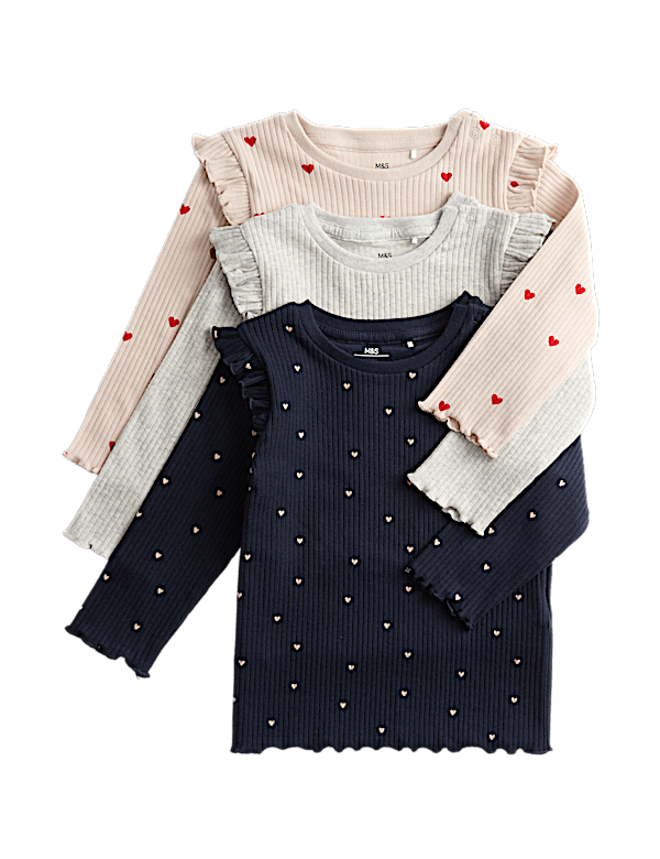 3pk Cotton Rich Heart Frill Tops (0 Mths-3 Yrs)