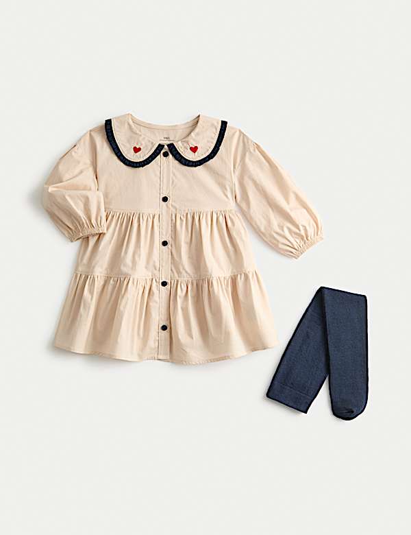 Pure Cotton Heart Collar Dress with Tights (0-6 Yrs) - NZ