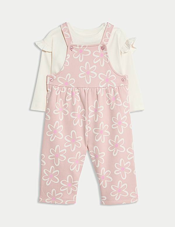 Ensemble 2 pièces en coton avec salopette à motif fleuri (jusqu’au 3 ans) - LU