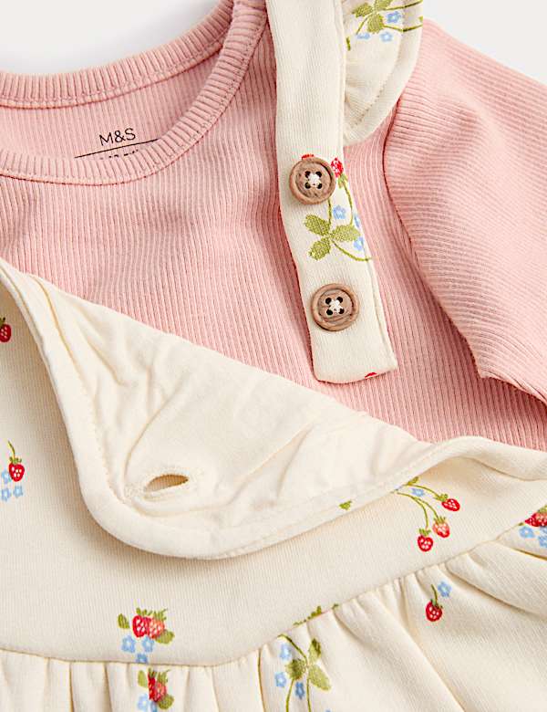 2pc Cotton Strawberry Ditsy Dungarees Outfit (0-3 Yrs) - IL