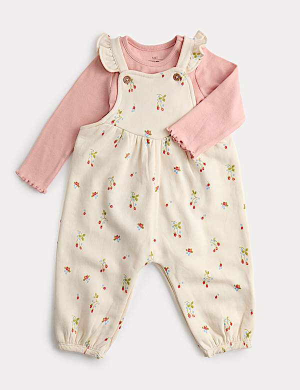 2pc Cotton Strawberry Ditsy Dungarees Outfit (0-3 Yrs) - IL