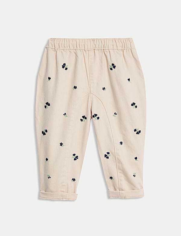 Katoenrijke jeans met geborduurd bloemmotief (0-6 jaar) - NL