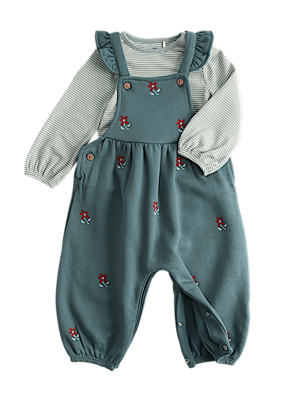 2 Piece Jersey Embroidered Dungarees with Top (0-3 Yrs)