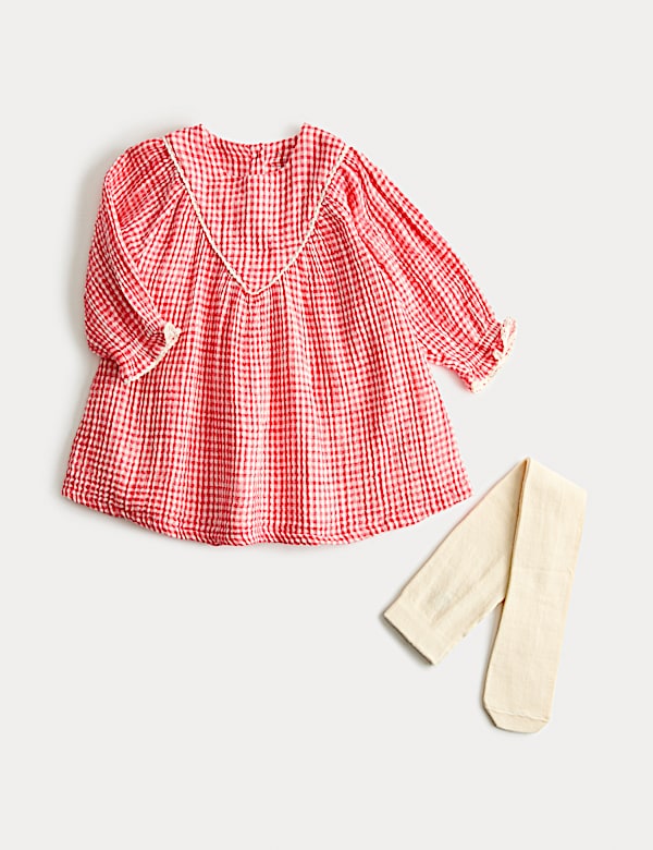 2 Piece Cotton Gingham Dress with Tights (0-3 Yrs)