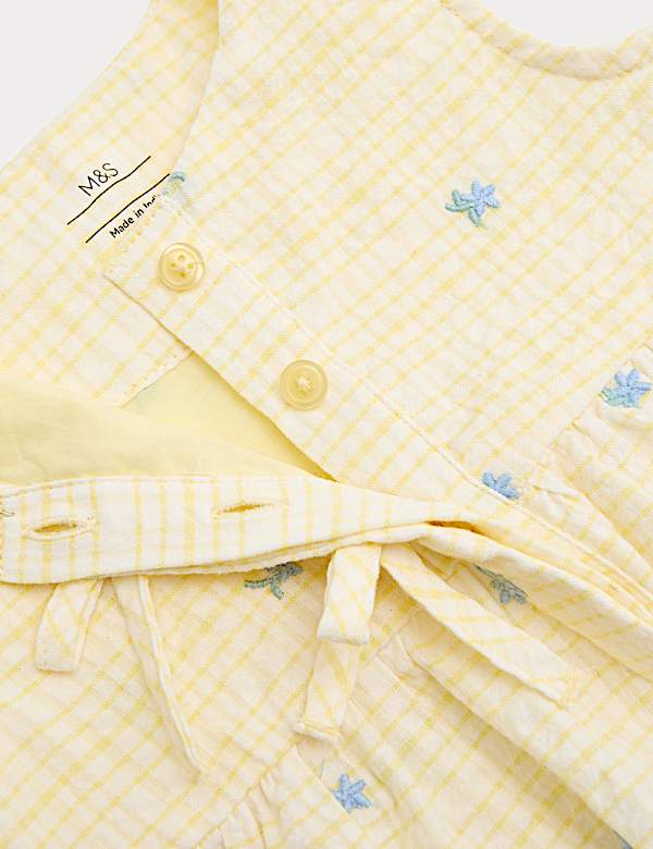 Pure Cotton Gingham Floral Dress with Bows (0-5 Yrs)